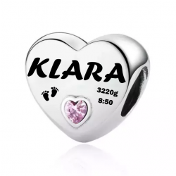 Charms personalizowany serce z grawerem, srebro 925 + różowa cyrkonia