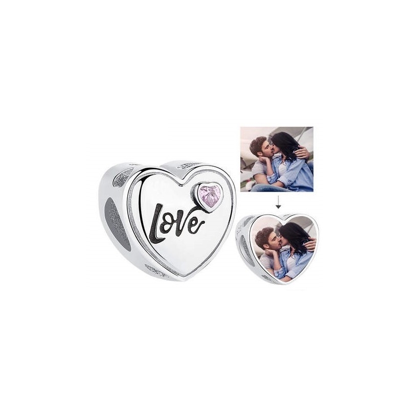 Charms personalizowany ze zdjęciem serce LOVE, srebro 925, cyrkonia sześcienna