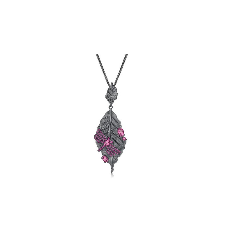 Naszyjnik liść i ważka z granatami 0,88ct, srebro 925, granat, rubin