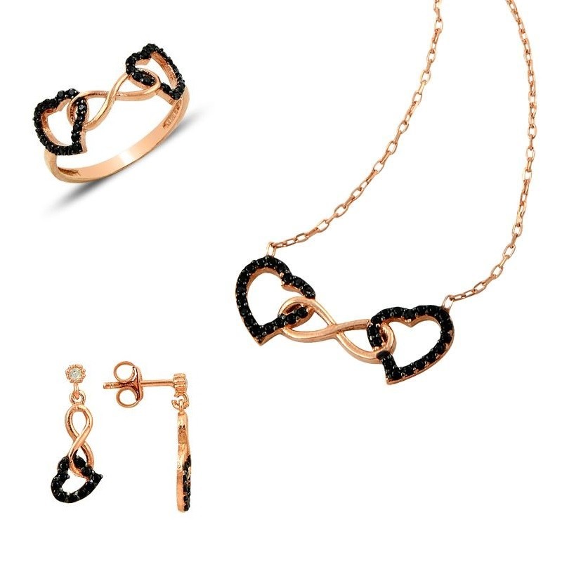 Srebrny komplet biżuterii rose gold - infinity love, kolczyki, pierścionek, naszyjnik, srebro 925