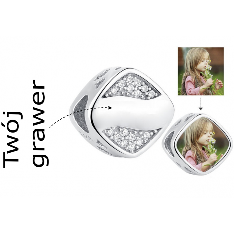 Charms personalizowany ze zdjęciem i grawerem, srebro 925 + twoje zdjęcie, cyrkonia sześcienna