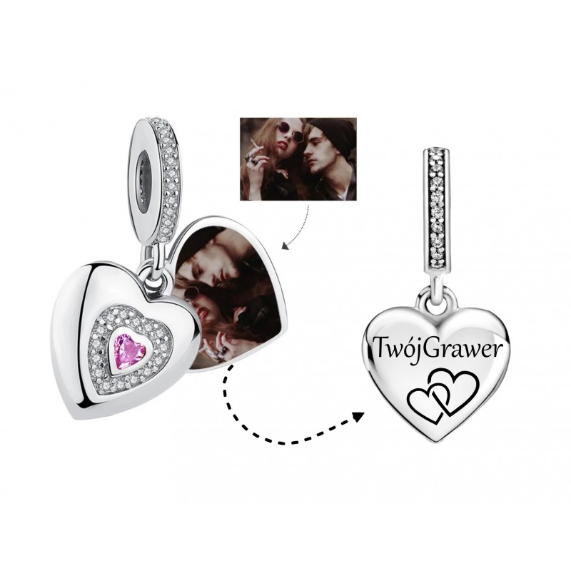 Charms zawieszka personalizowana ze zdjęciem i grawerem, srebro 925 serce walentynki