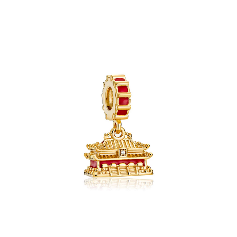 Charms zawieszka Zakazane Miasto, świątynia, Pekin, Chiny, srebro 925, pozłacany, cyrkonia sześcienna