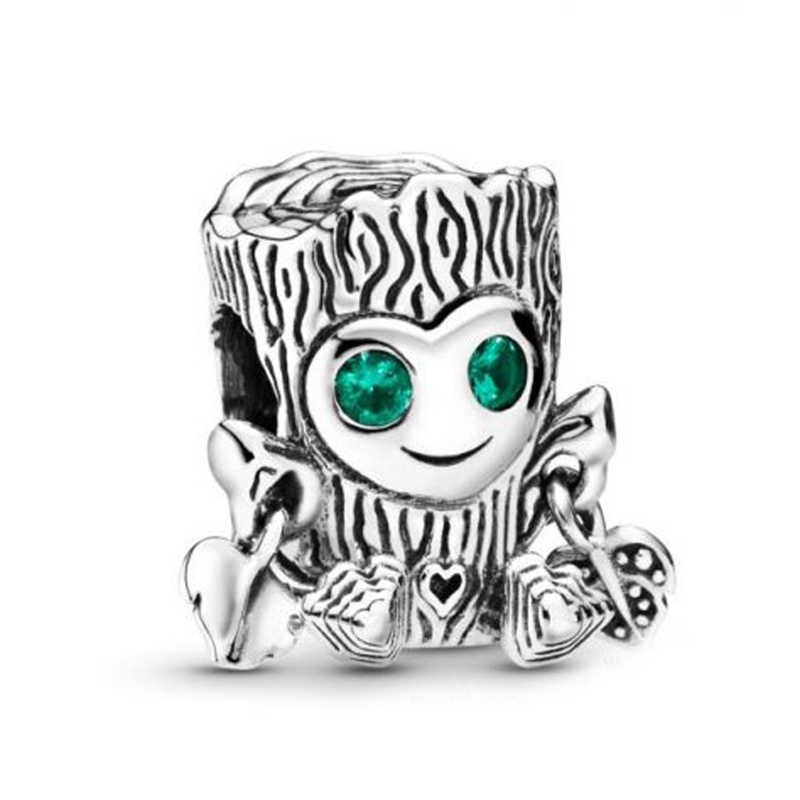 Charms drewniany leśny ludzik - stwór, srebro 925, cyrkonia sześcienna