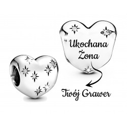 Charms serce i migoczące gwiazdki + grawer, srebro 925, cyrkonia sześcienna