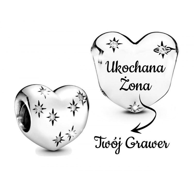 Charms serce i migoczące gwiazdki + grawer, srebro 925, cyrkonia sześcienna