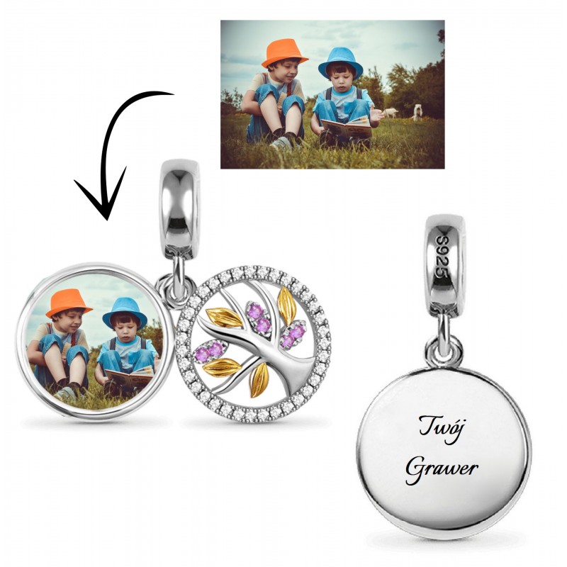 Charms personalizowany zawieszka do bransoletek ze zdjęciem korzenie rodzinne + grawer, srebro 925, cyrkonia sześcienna