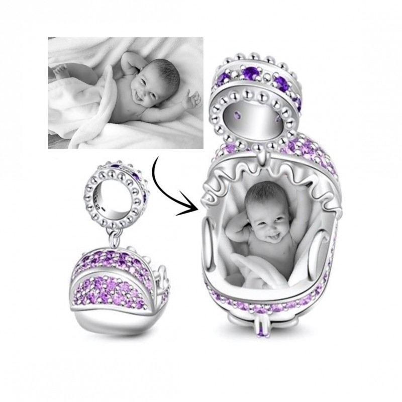 Charms personalizowany ze zdjęciem zawieszka wózek dla mamy - narodziny dziecka + grawer, srebro 925, cyrkonia sześcienna
